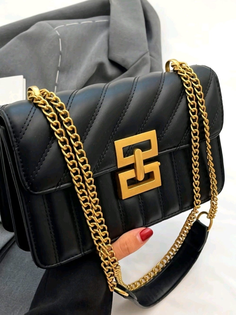 Black Quilted Chain Shoulder Bag with Gold Hardware